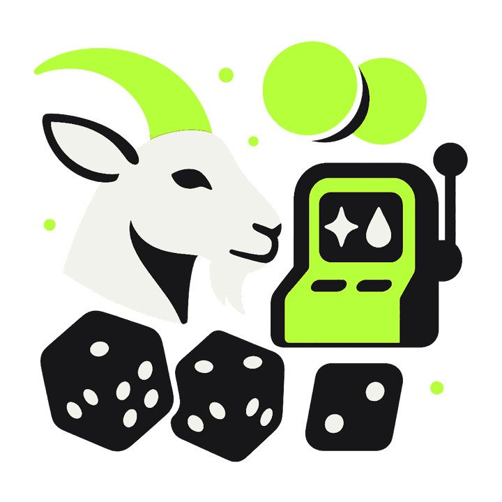 A goat with casino chips, a slot machine and dice